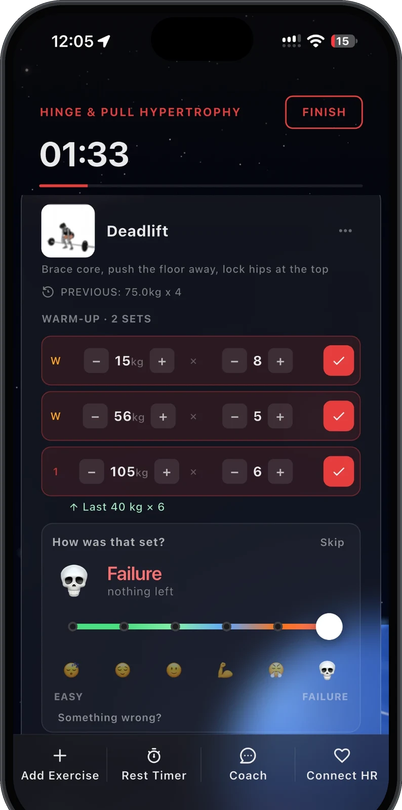 Logging a deadlift set and rating its effort